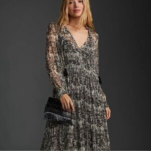 Anthropologie Marais Black and White Print Chiffon Maxi Dress Size L